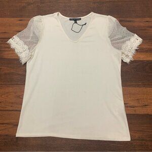 Zoey & Leelo Women's L Top Knit Blouse Lace Short Sleeve V Neck Cream Ivory